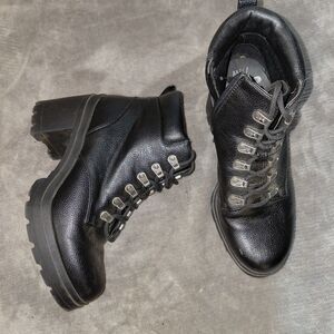 Y2K Platform Boots Womens Size 7.5W Black Chunky Heel Side Zip Lace Up Grunge